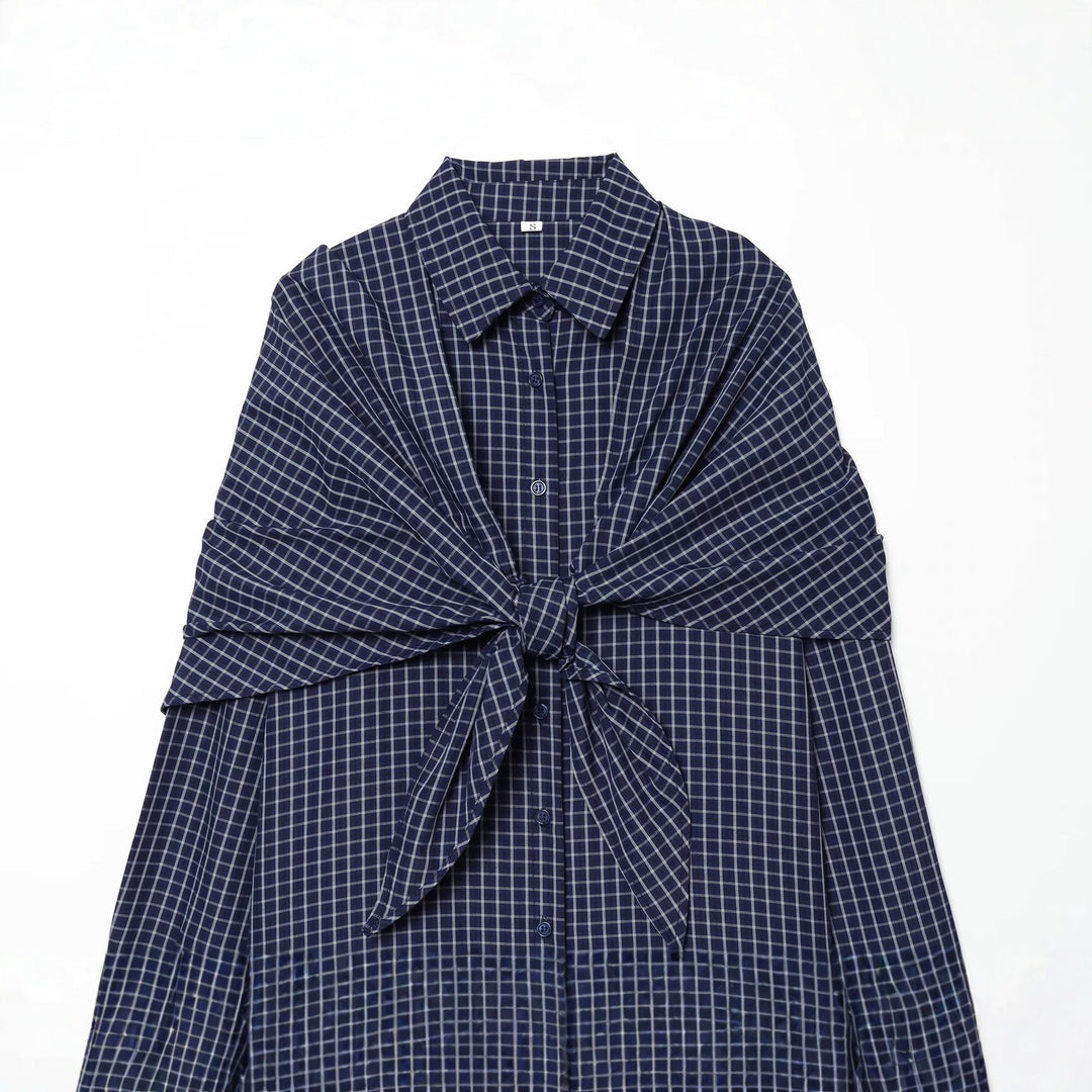 Damen Kariertes Oversize-Hemd mit großem Knotendetail und weitem Schulterumhang Drune