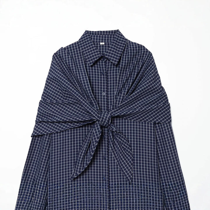 Damen Kariertes Oversize-Hemd mit großem Knotendetail und weitem Schulterumhang Drune