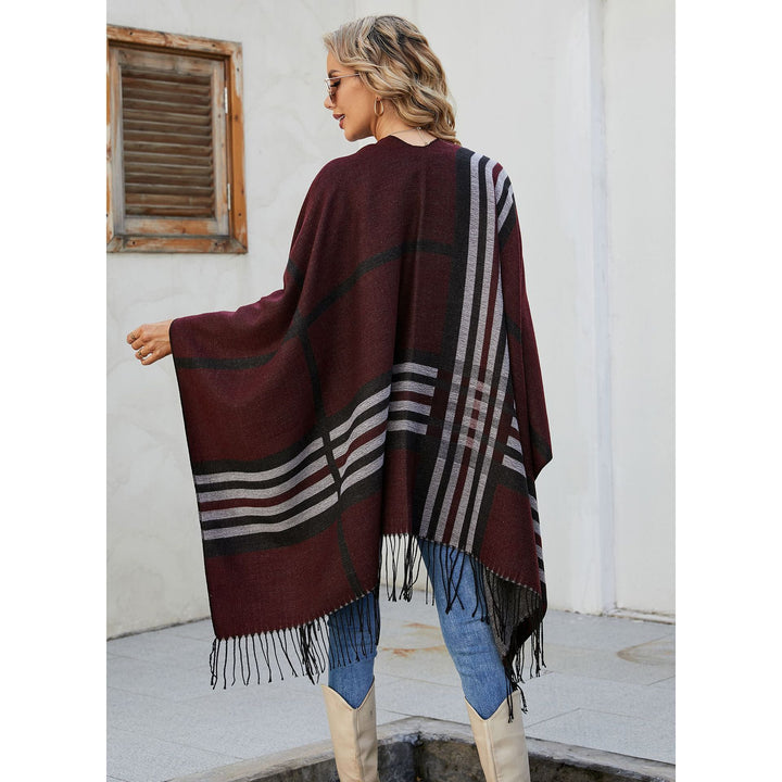 Damen Kastiger Ruana-Überwurf mit Fransen und diagonalem Streifenjacquard Drune