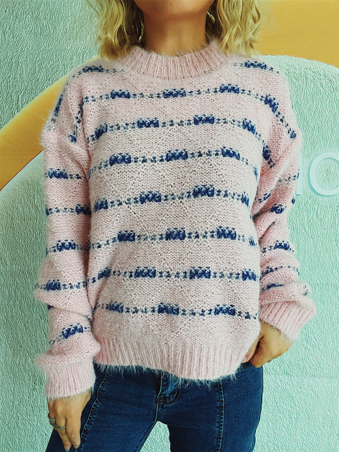 Damen weicher Strickpullover mit strukturiertem Streifenmuster Drune