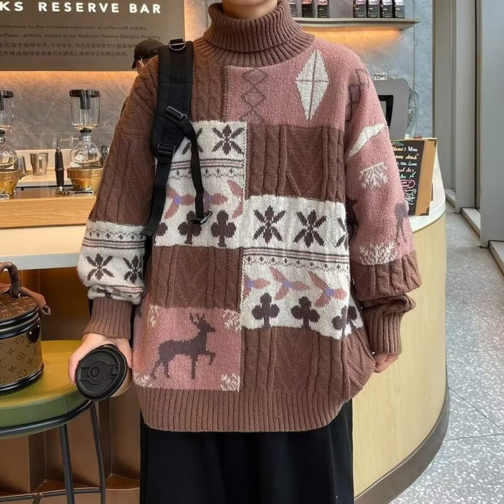 Damen Gemusterter Oversized Pullover mit Stehkragen Drune