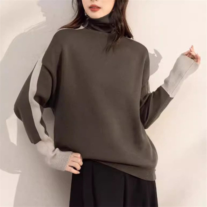 Damen Lässiger Rollkragenpullover mit Kontrastärmel Drune