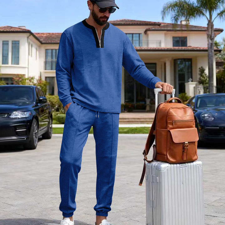 Herren Leichtes Henley-Loungewear-Set mit Kontrastkragen, Tunnelzug-Jogger und elastischen Bündchen Drune