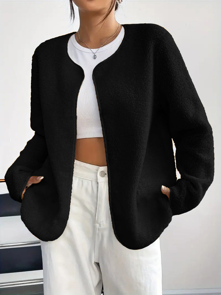 Damen Kurzjacke Teddy-Fleece Cardigan ohne Verschluss mit Rundhals Drune
