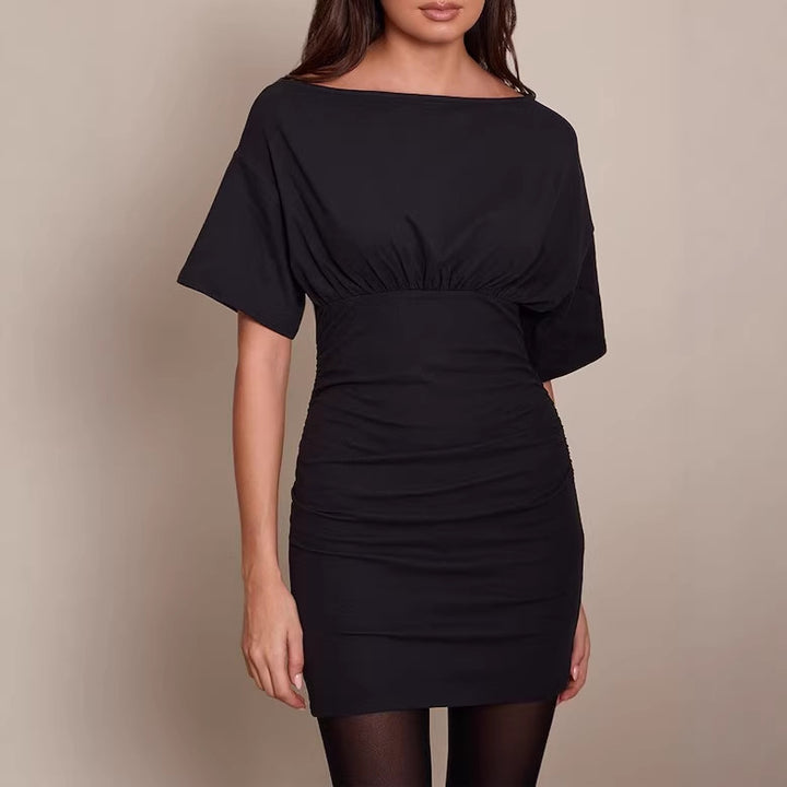 Damen Figurnahes Mini-Kleid mit U‑Boot‑Ausschnitt, Taillenraffung und Fledermausärmeln Drune