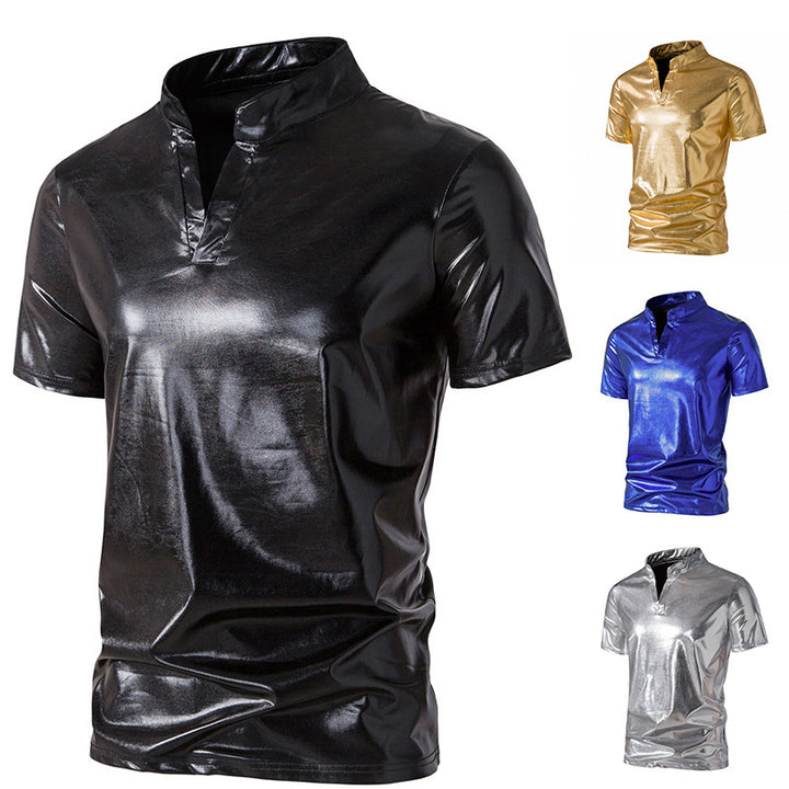 Herren modisches Metallic-T-Shirt mit hohem Kragen und kreativem Schnitt Drune