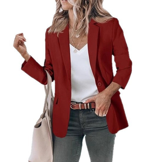 Damen Leichter Stretch-Blazer mit Schalkragen, Ein-Knopf-Verschluss und dreiviertelärmeln Drune