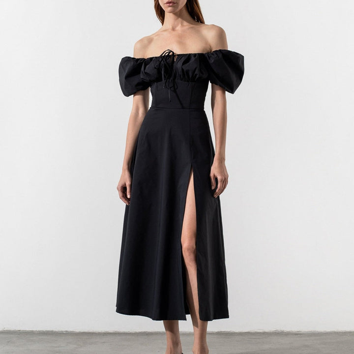 Damen Maxikleid mit schulterfreiem Design und voluminösen Puffärmeln Drune