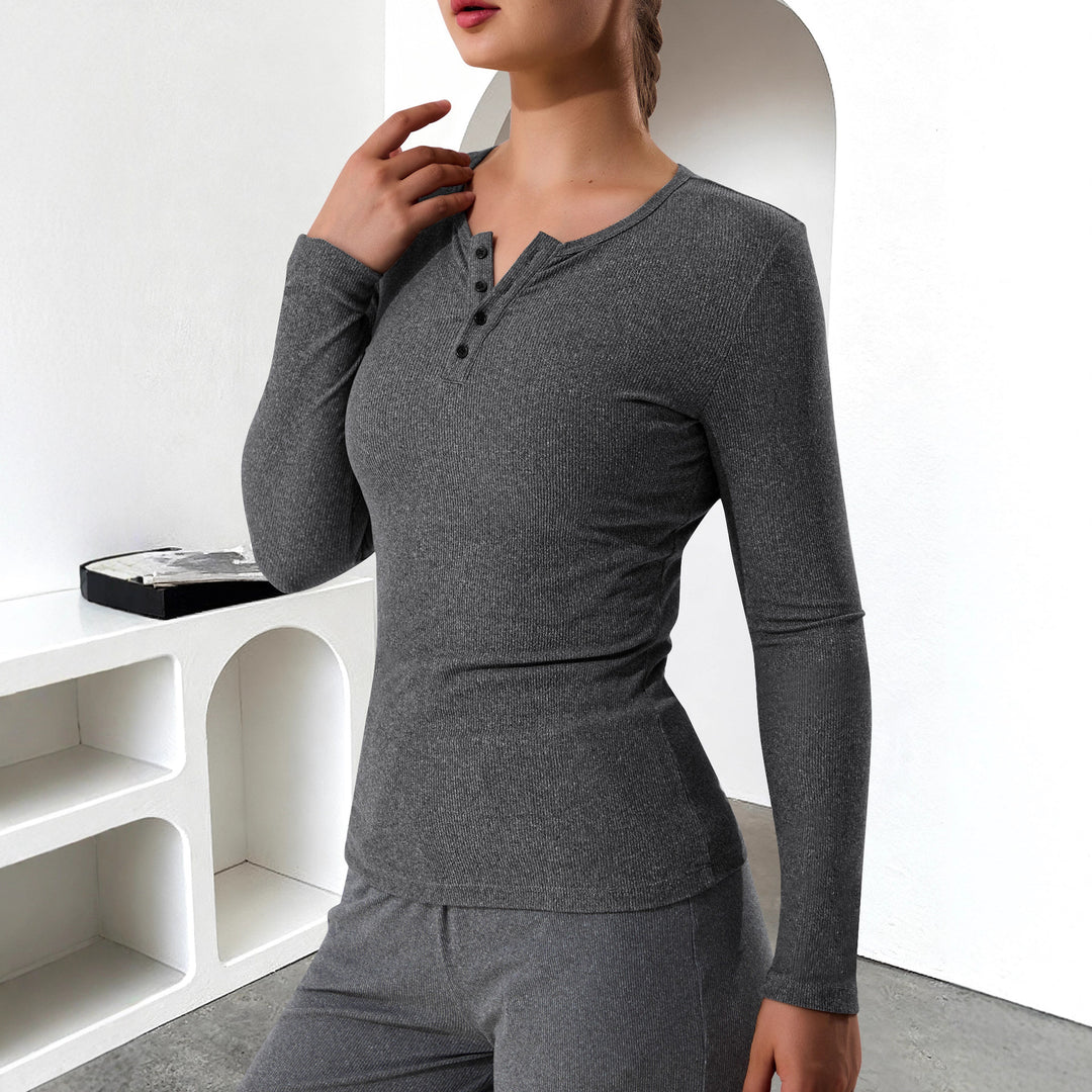 Damen Geripptes Henley-Langarmshirt mit Knopfleiste und figurnahem Schnitt Drune