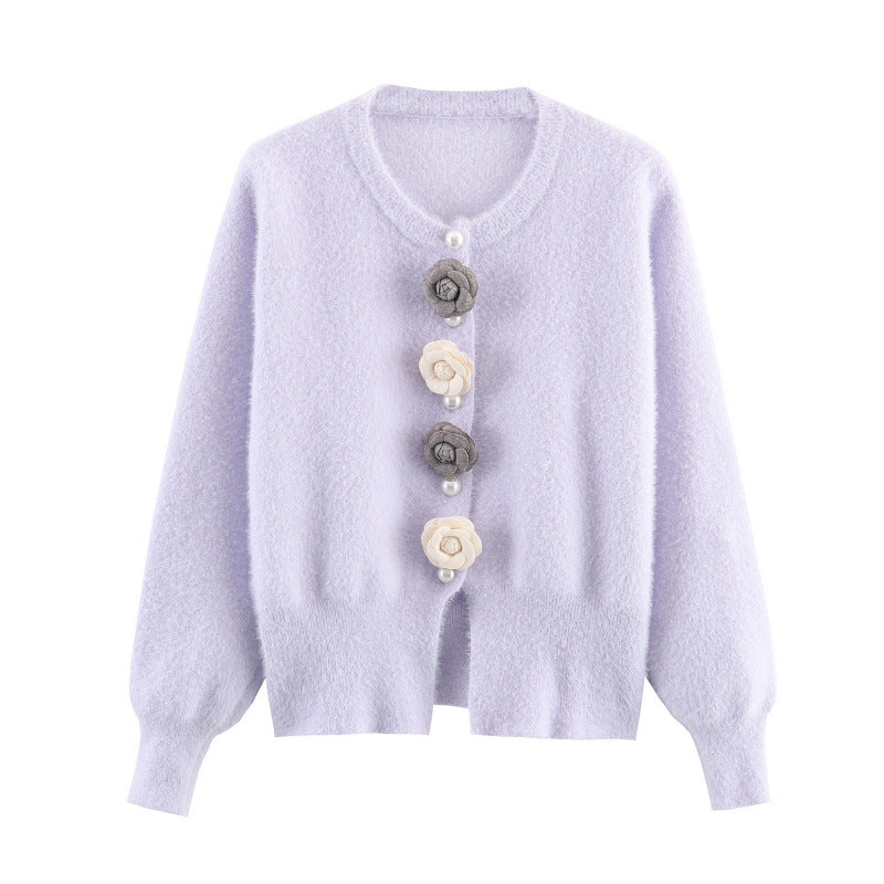 Damen stylische Strickjacke mit einzigartigen Blumenapplikationen Drune