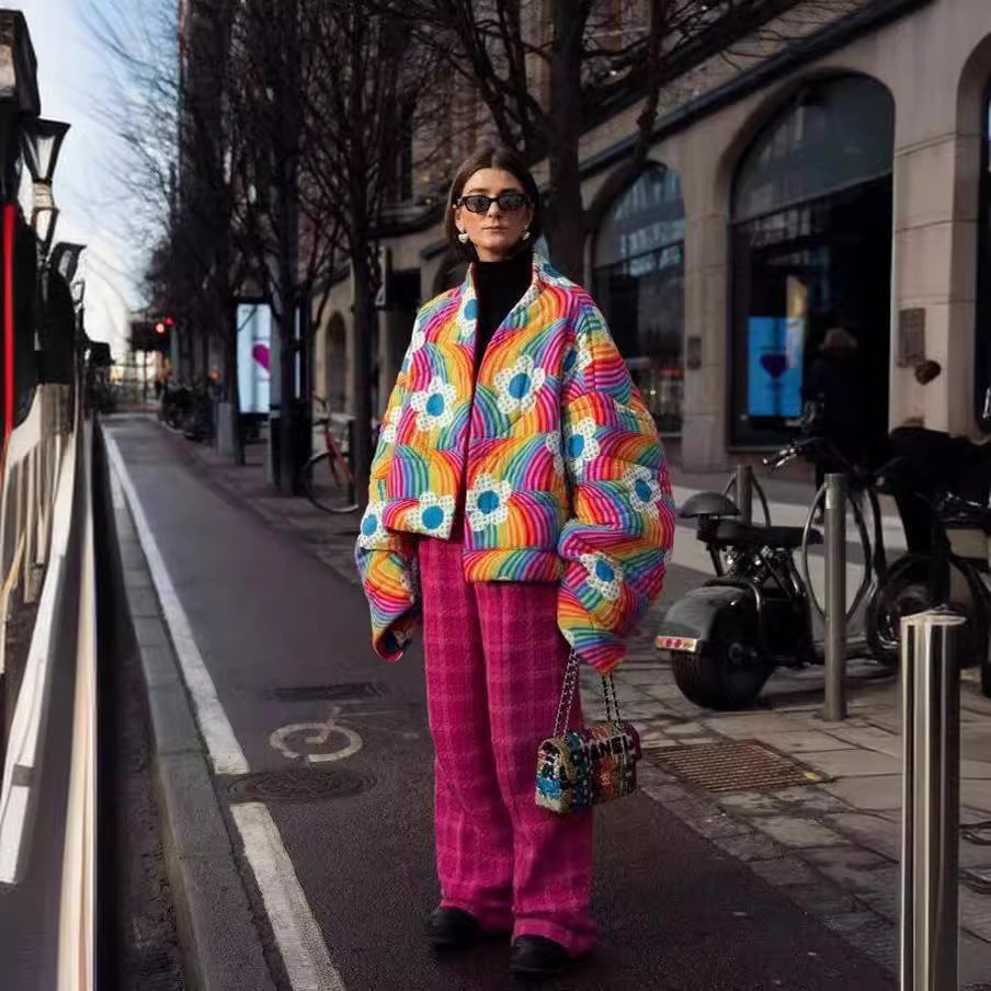Damen Kurze Oversize-Steppjacke mit bunten Regenbogenstreifen und Blumenapplikation Drune