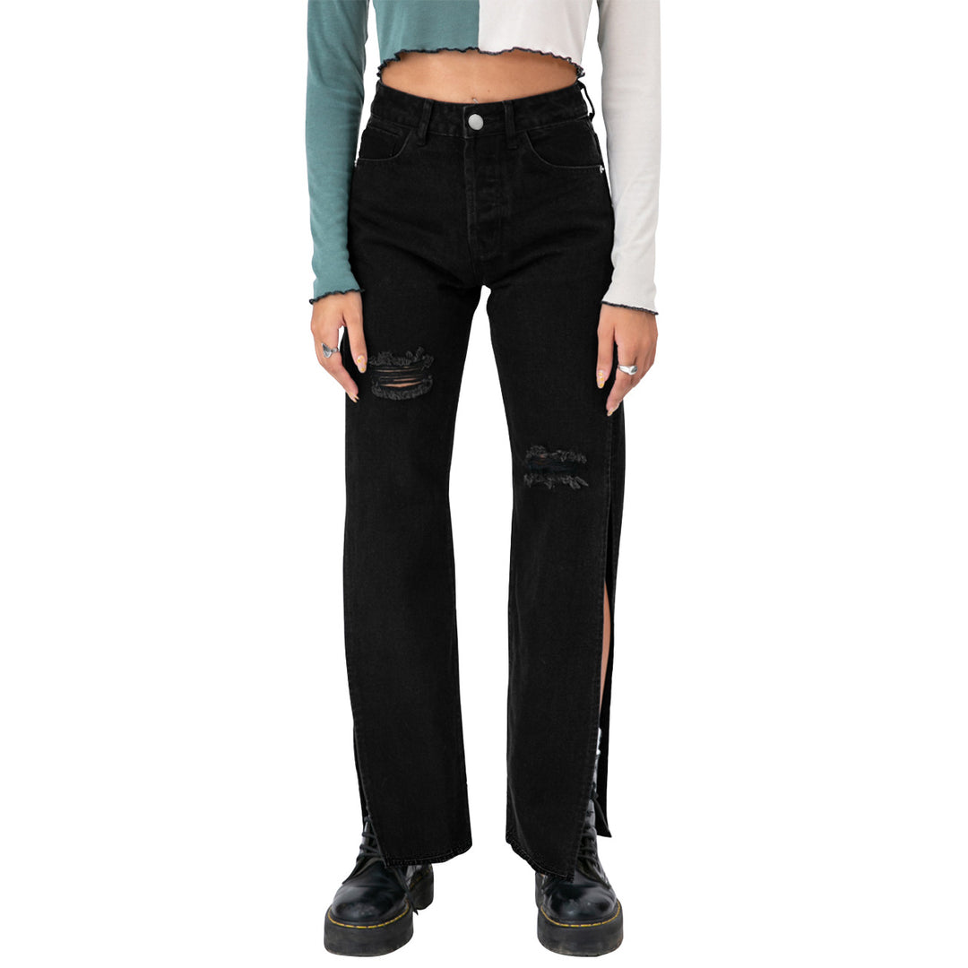 Damen hochgeschnittene Straight-Jeans mit seitlichem Beinschlitz und dezenten Rissen Drune