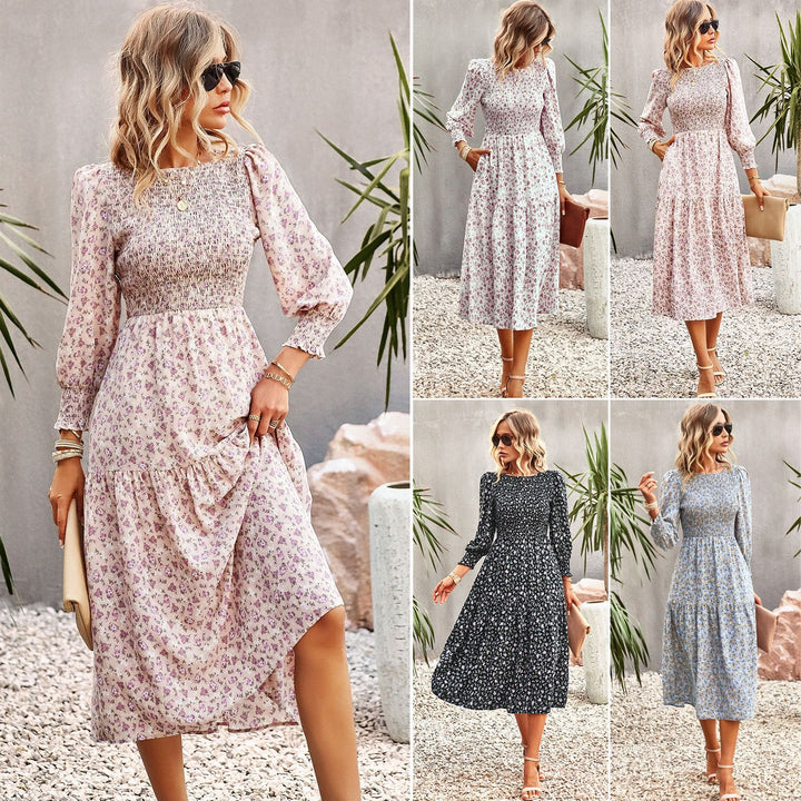 Damen florales Midi-Kleid mit geraffter Taille und langen Ärmeln Drune