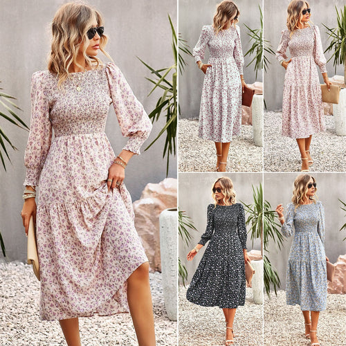 Damen florales Midi-Kleid mit geraffter Taille und langen Ärmeln Drune