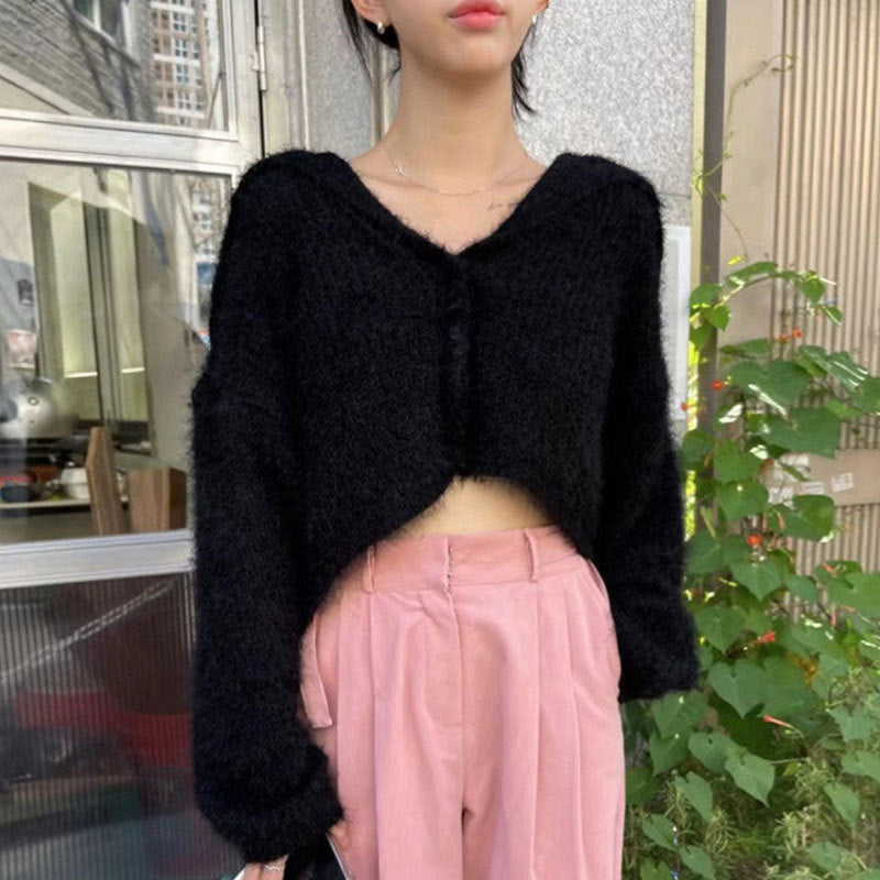 Damen Kurzstrickjacke mit weichem, luftigem Material und Kapuze Drune