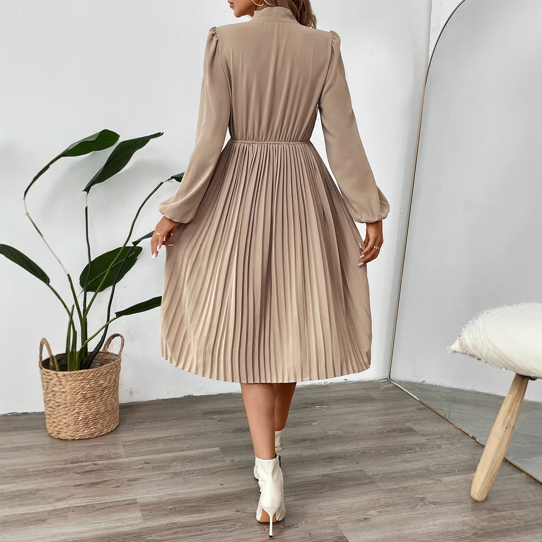 Damen Plissiertes Midikleid mit Schluppenkragen, elastischer Taillenpartie und langen Ballonärmeln Drune