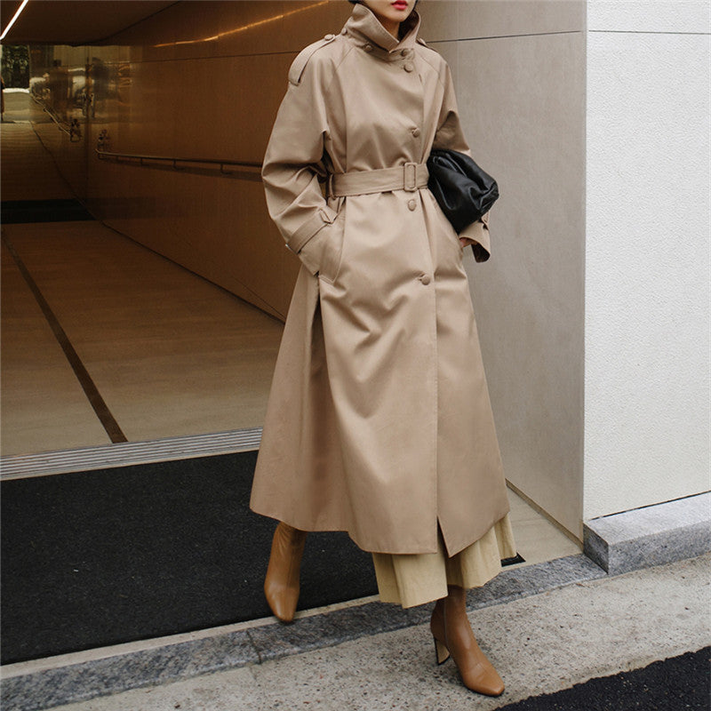 Damen Langgeschnittener Trenchcoat mit Taillengürtel und Stehkragen Drune