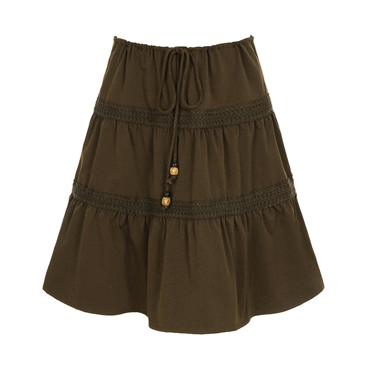 Damen nan gestufter Boho-Midirock mit elastischem Kordelbund und Häkelband-Details Drune
