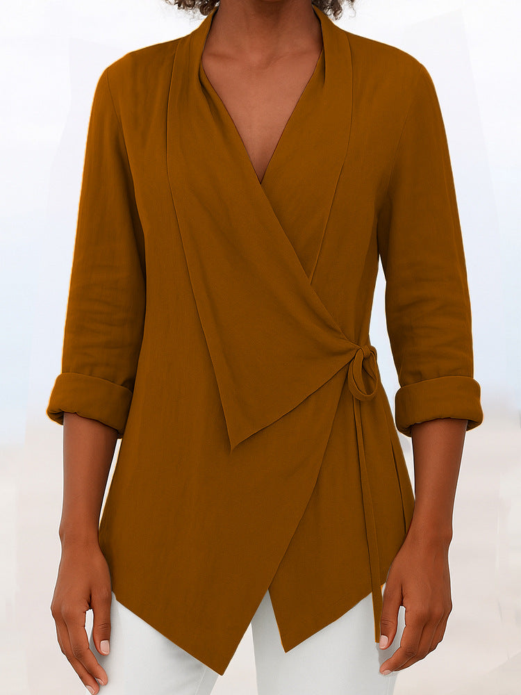 Damen Asymmetrische Wickelbluse mit Schalkragen und 3/4-Ärmeln Drune