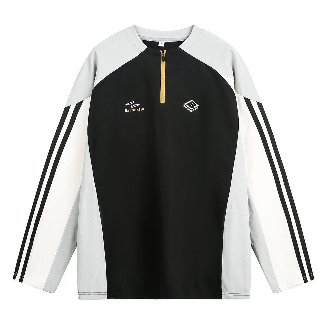 Unisex Sportliches Oversize-Halbzip-Sweatshirt im Retro-Track-Stil mit Kontrastpaneelen und Drei-Streifen-Ärmeln Drune