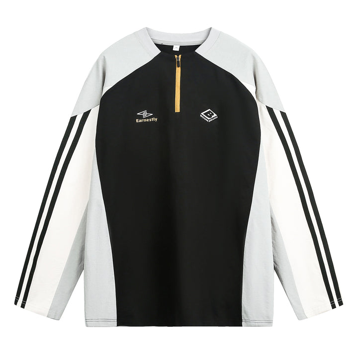 Unisex Sportliches Oversize-Halbzip-Sweatshirt im Retro-Track-Stil mit Kontrastpaneelen und Drei-Streifen-Ärmeln Drune