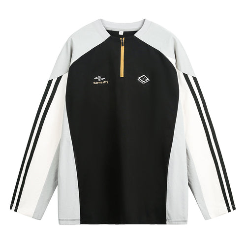 Unisex Sportliches Oversize-Halbzip-Sweatshirt im Retro-Track-Stil mit Kontrastpaneelen und Drei-Streifen-Ärmeln Drune