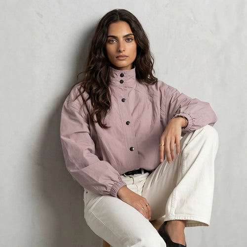 Damen Kurze Boxy-Bomberjacke mit Stehkragen und Druckknopfverschluss Drune