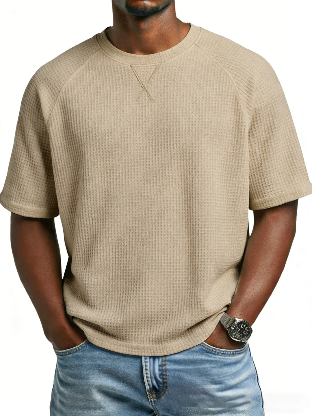 Herren lässiges Waffelstrick-T-Shirt mit Rundhalsausschnitt Drune