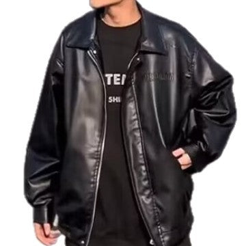 Herren Boxy-Kunstlederjacke mit Hemdkragen und verdecktem Reißverschluss Drune