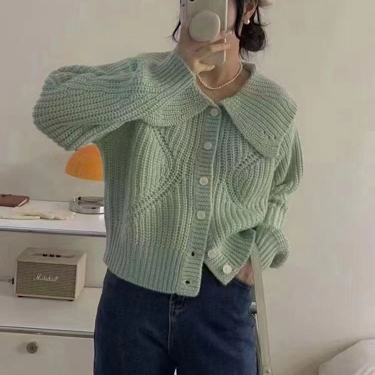 Damen Strickjacke mit großem Kragen und voluminösen Ärmeln Drune