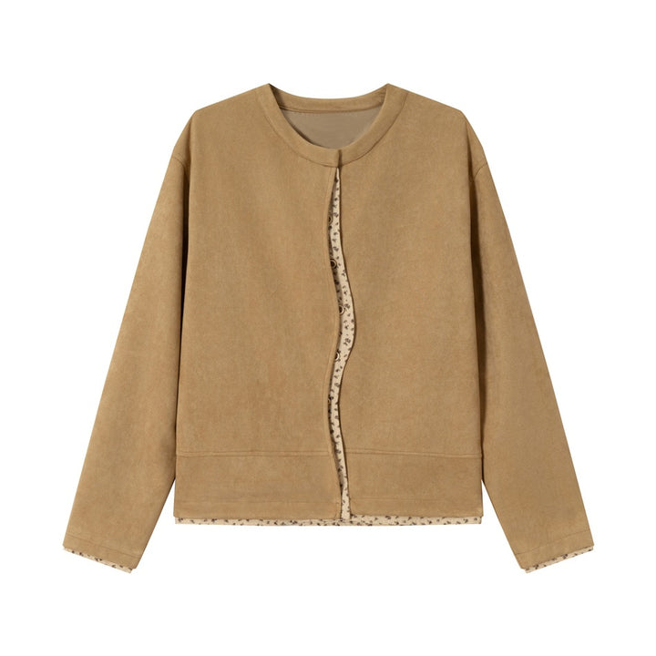 Damen Kurz geschnittene Wildlederoptik Blousonjacke mit Rundhalsausschnitt, verdeckter Knopfleiste und floralem Innenbesatz Drune