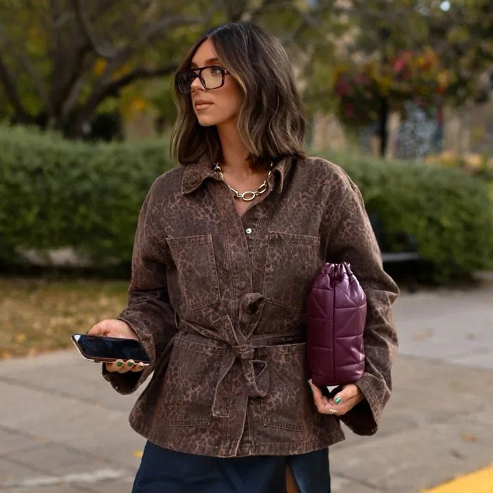 Damen Utility-Jacke mit animalischem Muster und taillierbarem Gürtel Drune