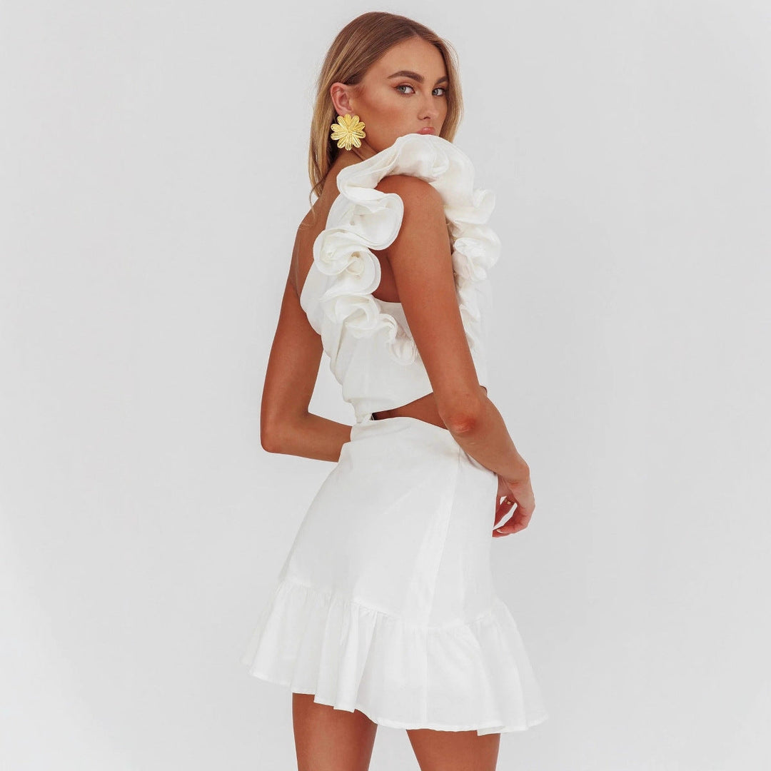 Damen Elegantes Cut-Out Kleid mit Rüschendetails Drune