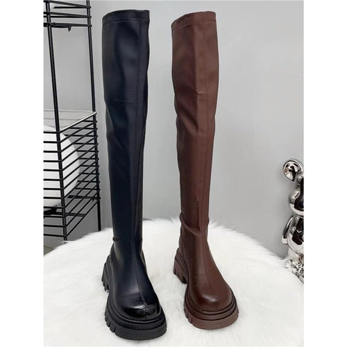 Damen Oberschenkelhohe Stretch-Stiefel mit schlankem Schaft und geformter Plateau-Sohle Drune