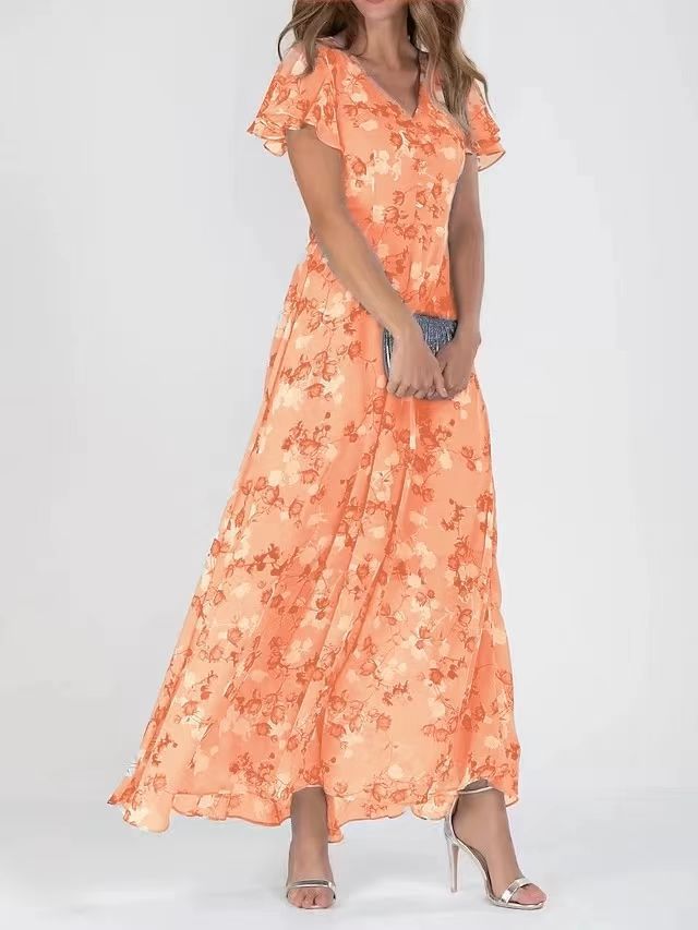 Damen Maxikleid mit floralem Chiffon-Stoff und transparenten Ärmeln Drune