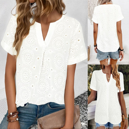 Damen Bluse mit floralen Lochstickereien und V-Ausschnitt Drune