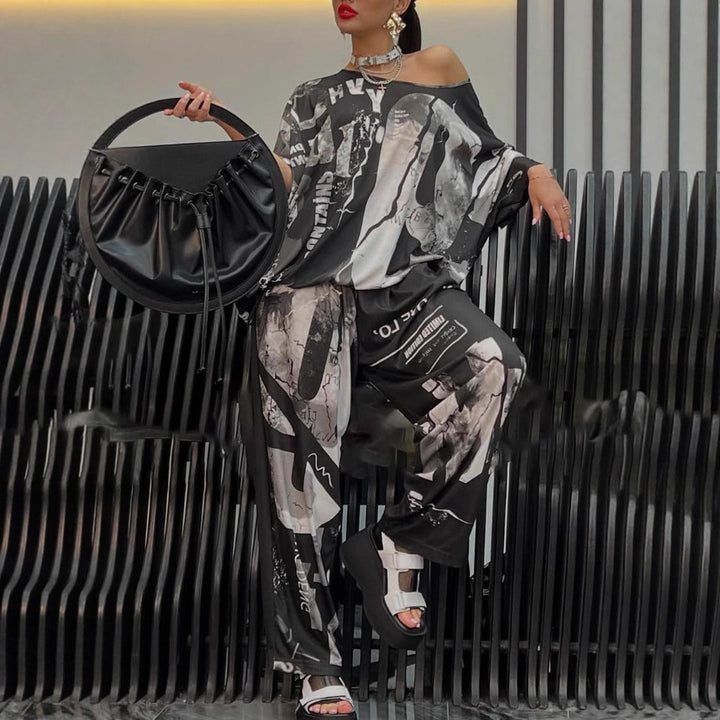 Damen nan zweiteiliges weites Satin-Freizeit-Set mit schulterfreiem Fledermaus-Top und Palazzohose Drune