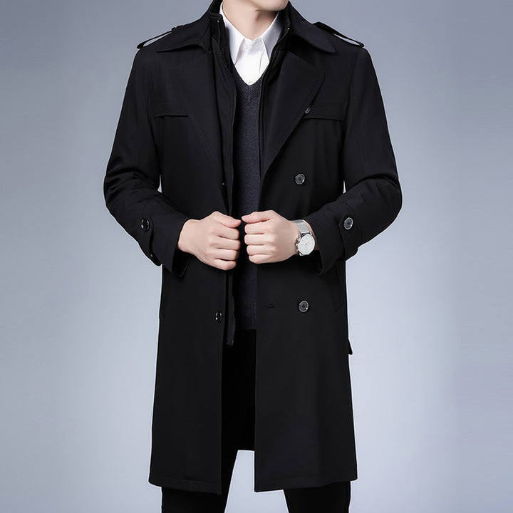 Herren Trenchcoat langer Doppelreiher mit Reverskragen und Epauletten Drune