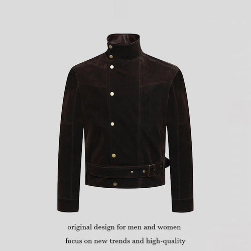Herren Wildleder-Bikerjacke mit Stehkragen, Druckknopffront und Taillengürtel Drune