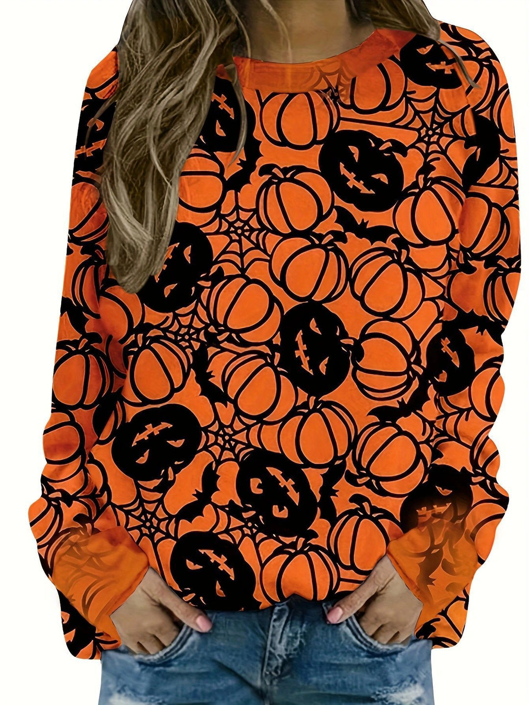 Damen lässiges Sweatshirt mit Halloween-Motiv und bequemer Passform Drune