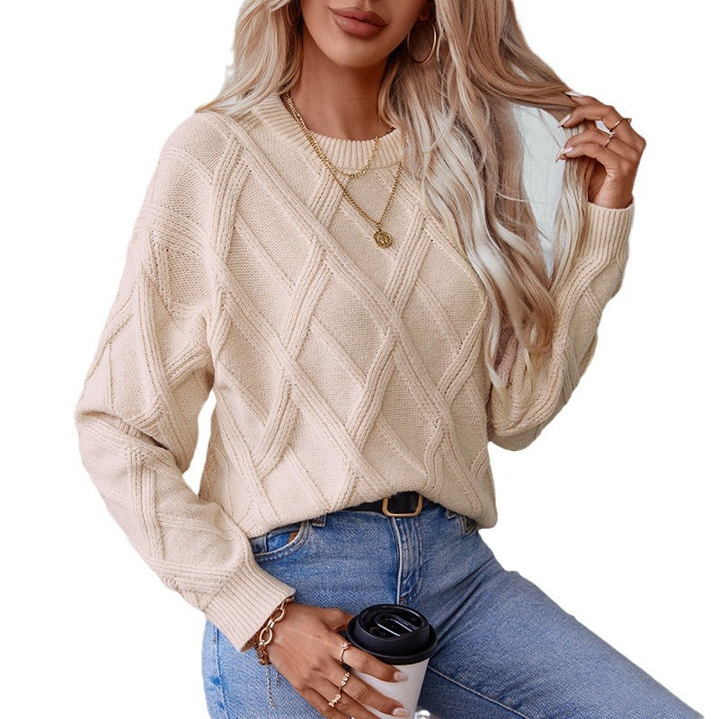 Damen nan grobstrukturierter Strickpullover mit großem Rautenmuster, geripptem Saum und Rundhalsausschnitt Drune