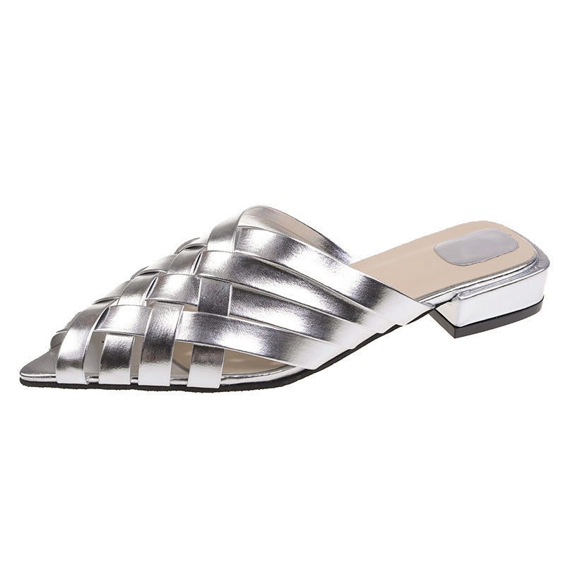 Damen Gewebe Spitz-Zehen Slide Mules mit Dickem Absatz Drune