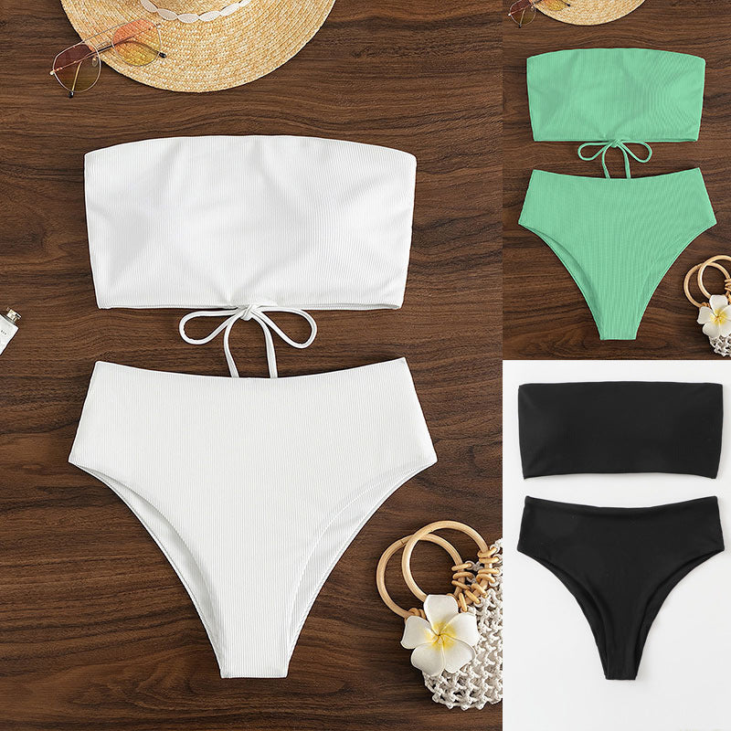 Damen Bandeau-Bikini mit hohem Bund und Rippdesign Drune