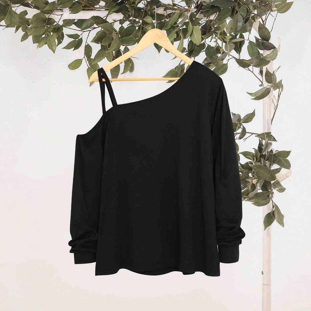 Damen nan lässiges One-Shoulder Sweatshirt mit Zierträgern und Vintage College-Print Drune