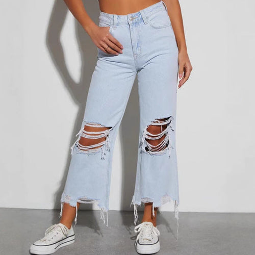 Damen Mom Jeans mit ausgefranstem Saum und Rippen-Details Drune