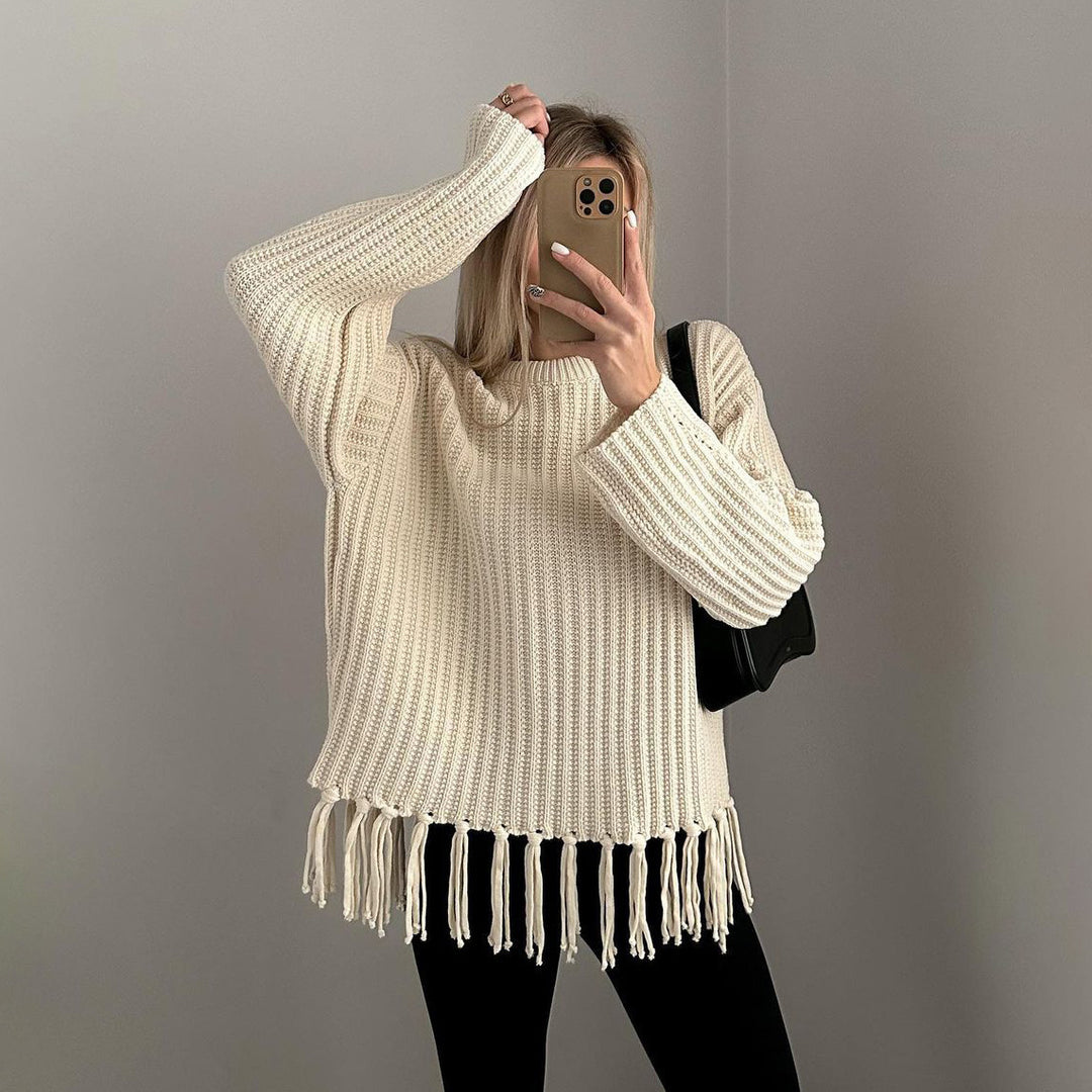 Damen lässiger Rippstrick-Pullover mit Fransen-Saum und Oversize-Silhouette Drune