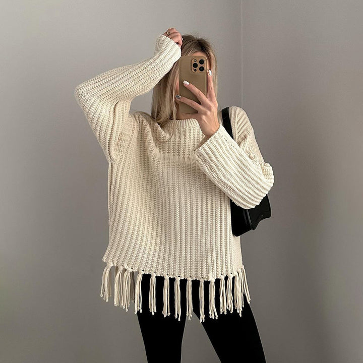 Damen lässiger Rippstrick-Pullover mit Fransen-Saum und Oversize-Silhouette Drune