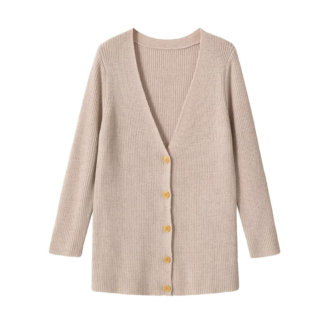 Damen Longline Strickcardigan mit V‑Ausschnitt und Holzknöpfen Drune