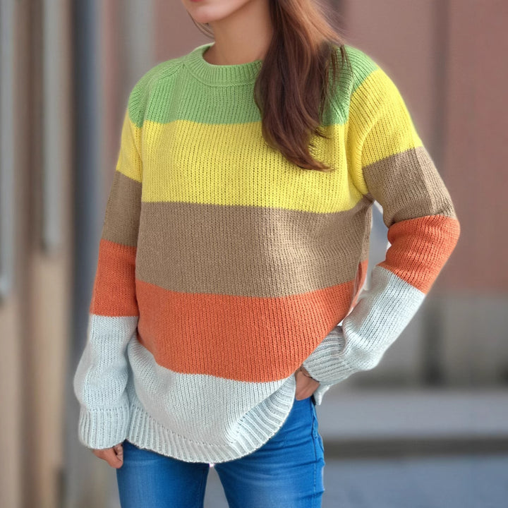 Damen lässiger Strickpullover mit bunten Blockstreifen und weitem Schnitt Drune