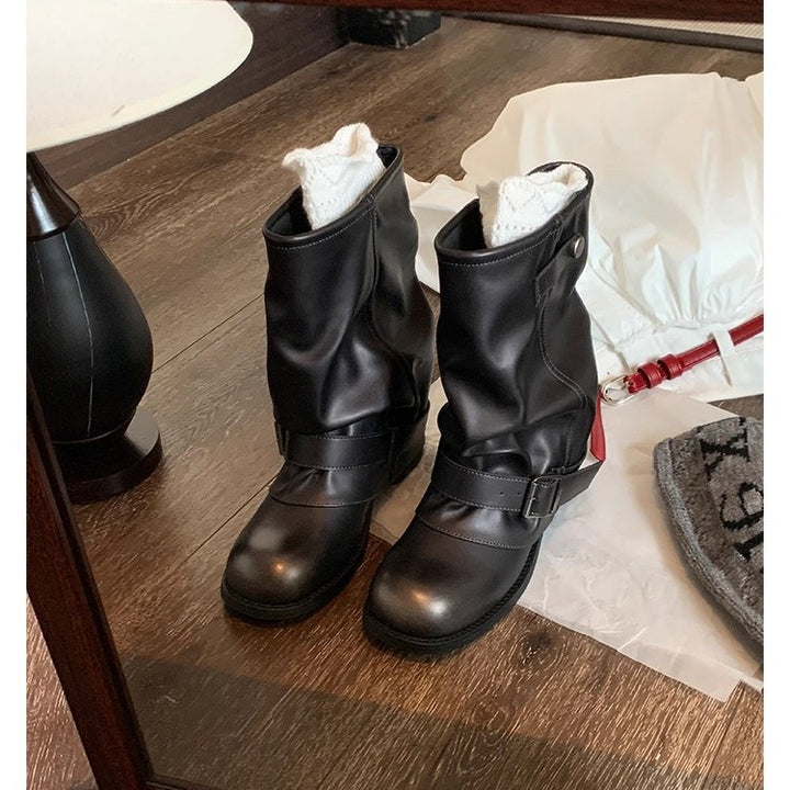 Damen Mid-Calf Bikerstiefel aus Glattleder mit verstellbarem Schnallenriemen Drune